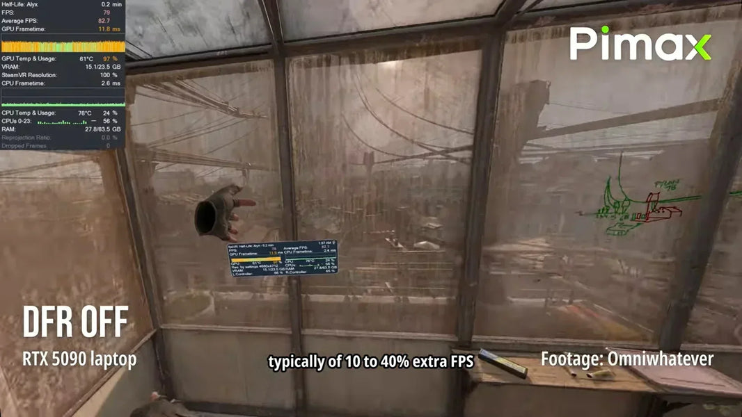 VR 性能测试截图：RTX 5090 笔记本电脑运行《半衰期：爱莉克斯》，关闭 DFR（动态焦点渲染），显示 GPU 温度、VRAM 使用率和平均 82.7 FPS 的性能数据。